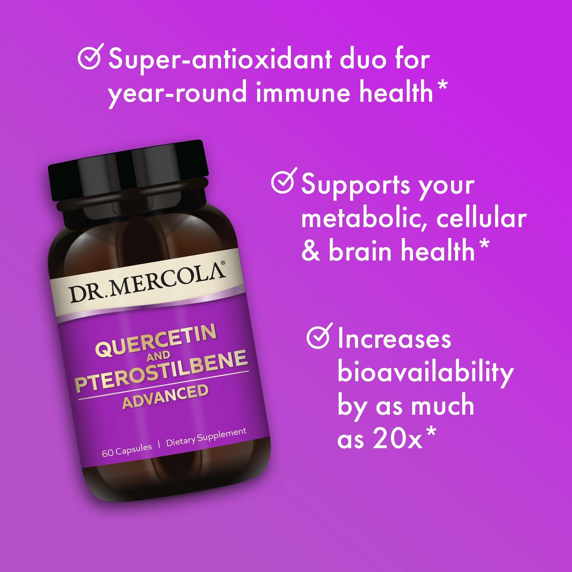 Capsulas dentro del frasco de Dr. Mercola Quercetina y Pterostilbeno Avanzado.