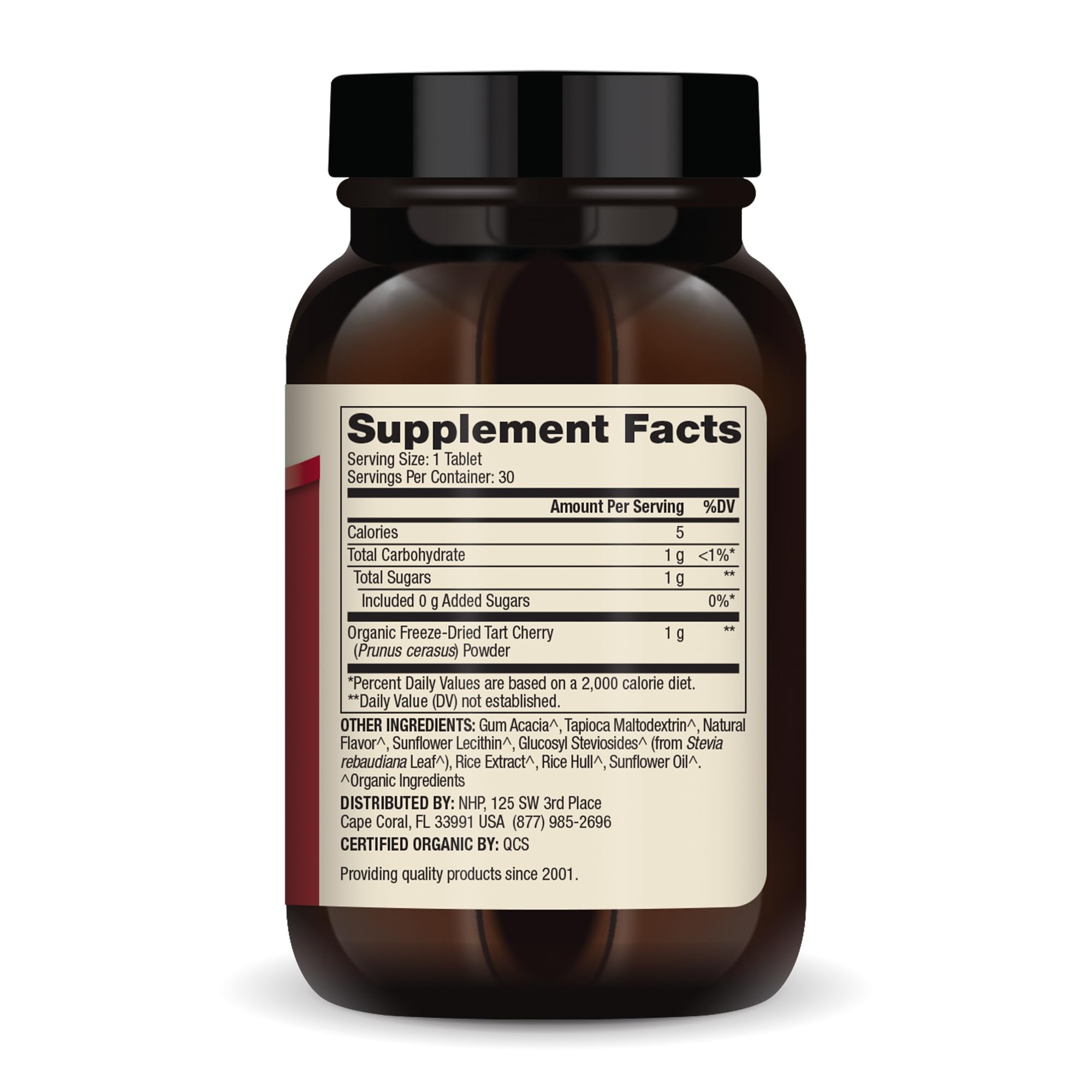 Dr. Mercola Cereza Tart botella con cápsulas, conveniente para viajes.
