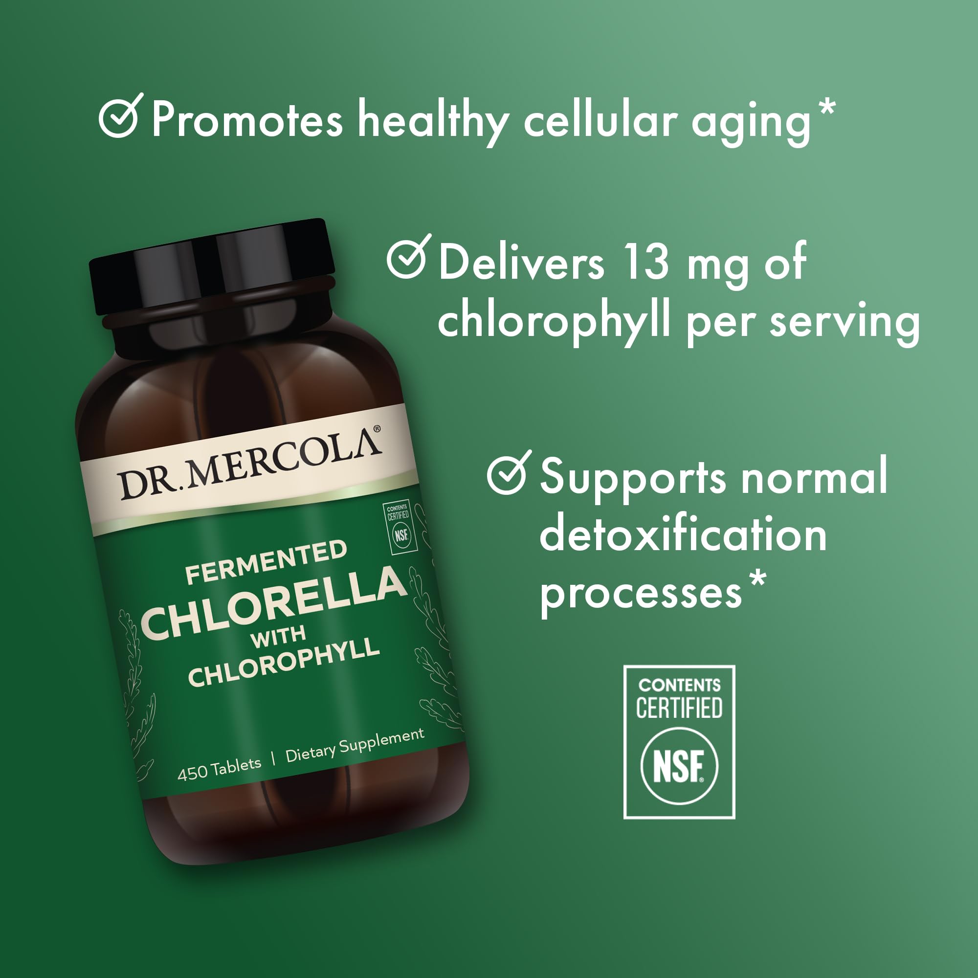 Sello NSF en envase Dr. Mercola Chlorella para calidad