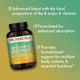 Dr. Mercola Complejo B con Benfotiamina – brotes de quinoa visibles para absorción mejorada.