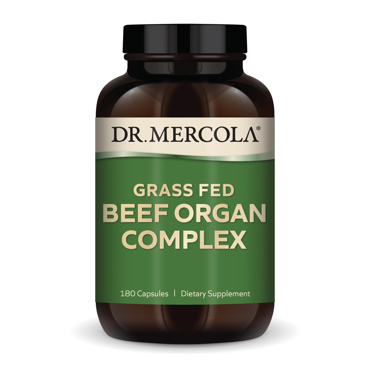 Dr. Mercola Complejo de Órganos de Carne: botella vertiendo para uso diario y vitalidad.