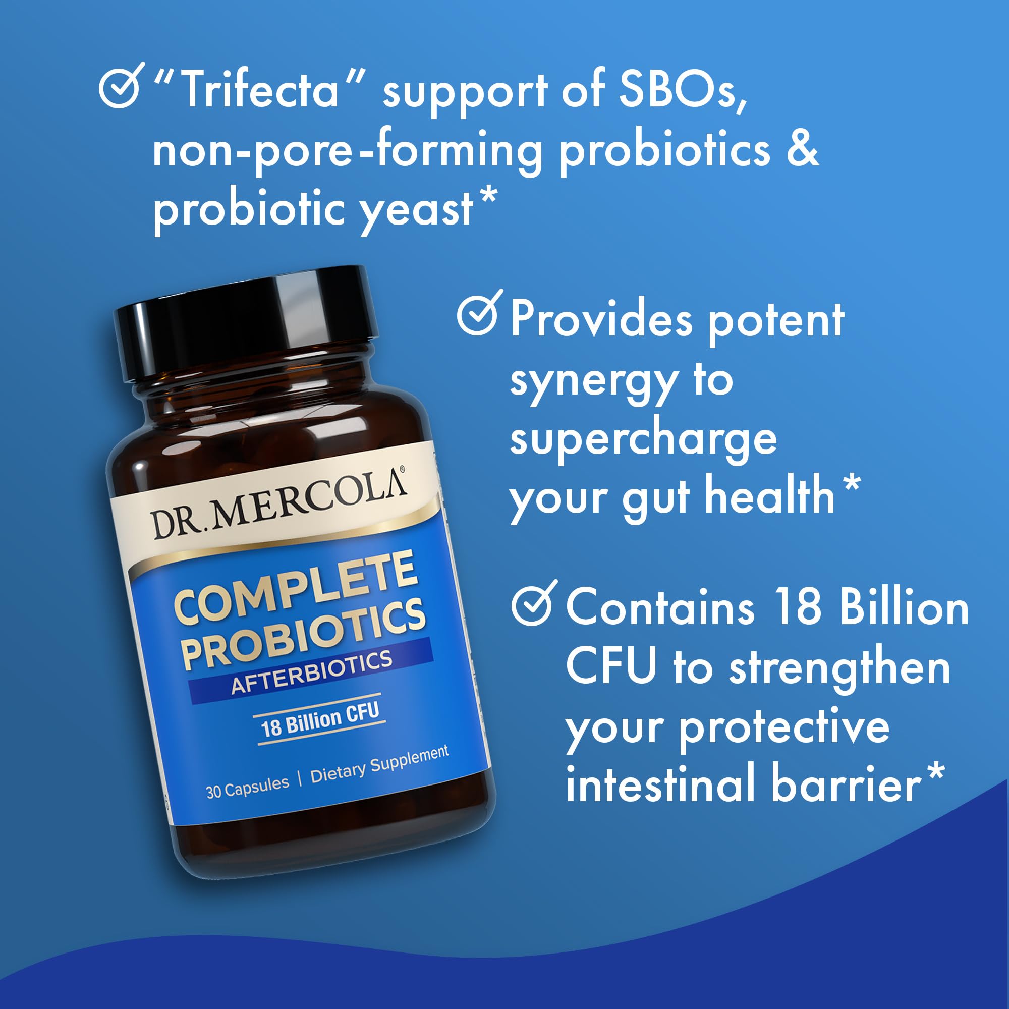 Dr. Mercola Complete Afterbiotics – caja exterior, imagen del envase y uso recomendado.
