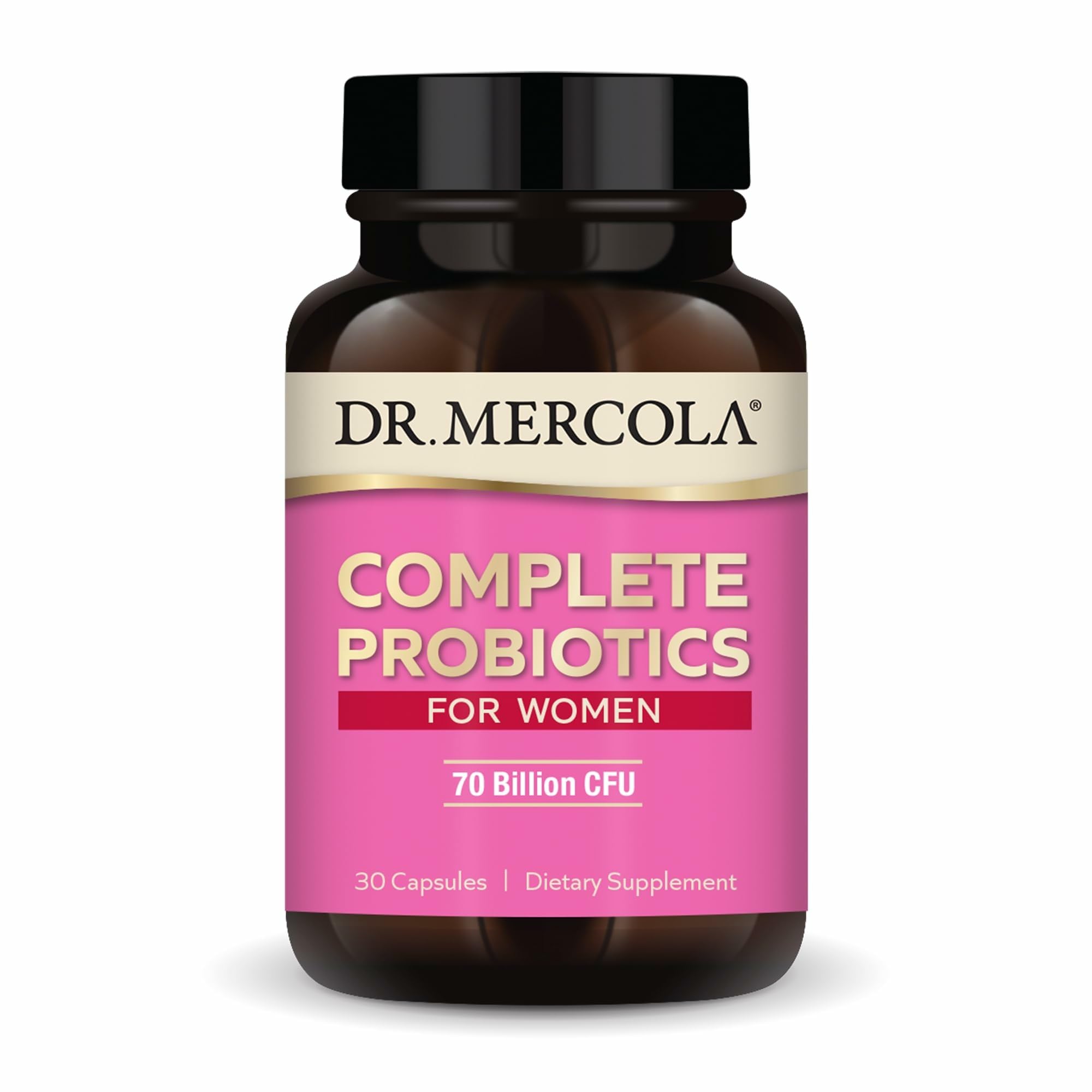 Dr. Mercola Probióticos para Mujeres: botella mostrando cápsulas para apoyar la salud intestinal.