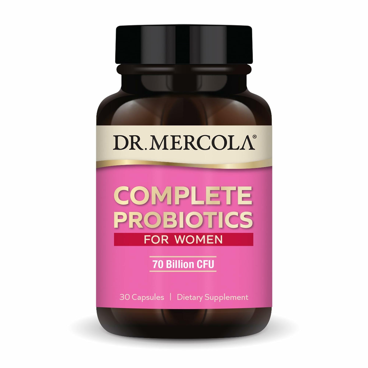 Dr. Mercola Probióticos para Mujeres: botella mostrando cápsulas para apoyar la salud intestinal.