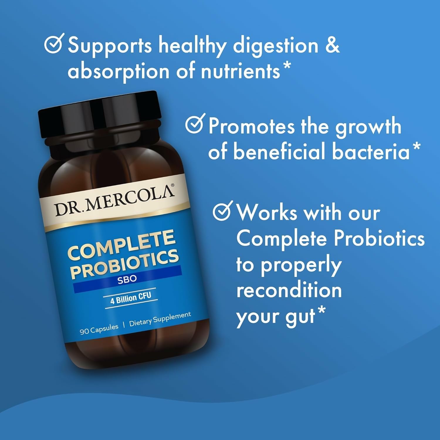 Dr. Mercola Complete Probiotics SBO: etiqueta con alérgenos e información de la fórmula.