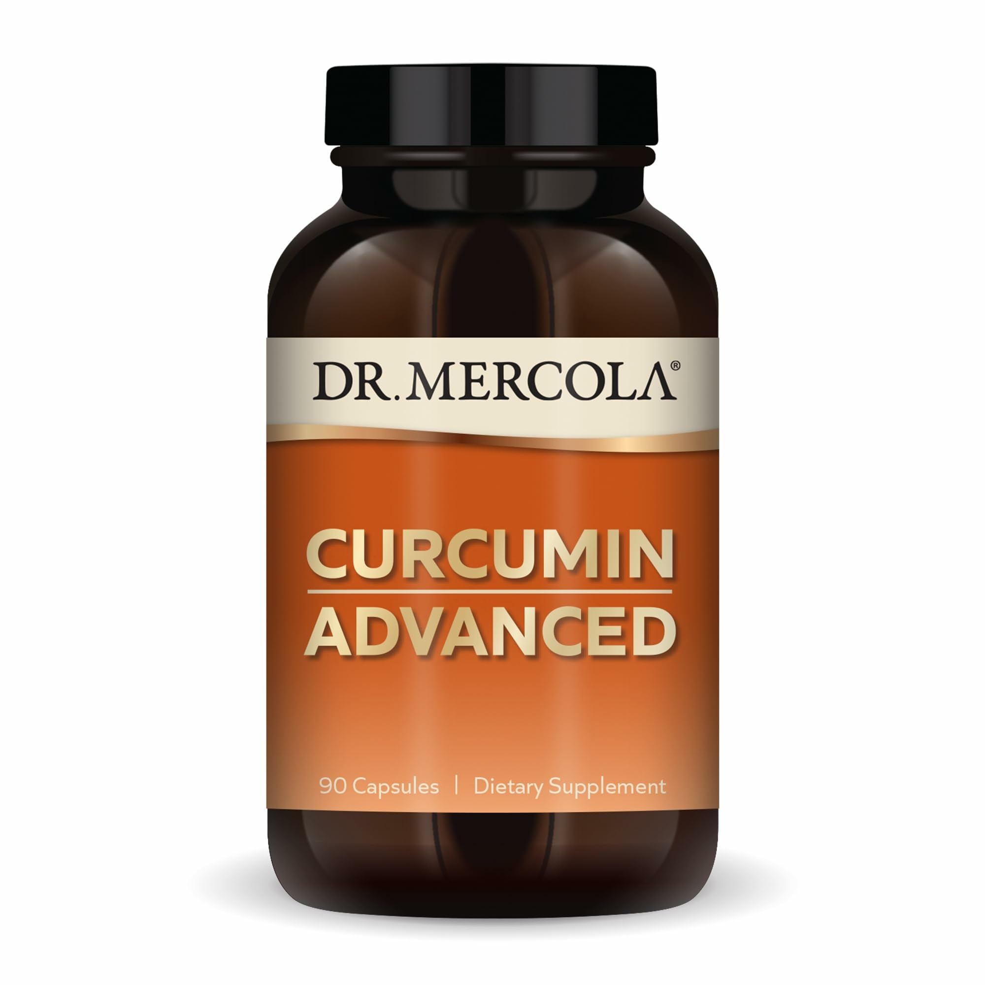 Dr. Mercola Curcumin Advanced, botella de cápsulas, apoyo antioxidante diario para la vista.
