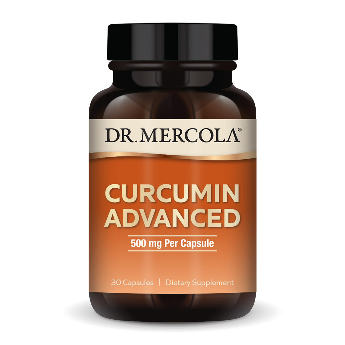 Dr. Mercola Curcumin Advanced: botella que destaca apoyo antioxidante para visión.