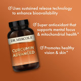 Dr. Mercola Curcumin Advanced, raíz de cúrcuma, fuente de curcuminoides para pureza y potencia.