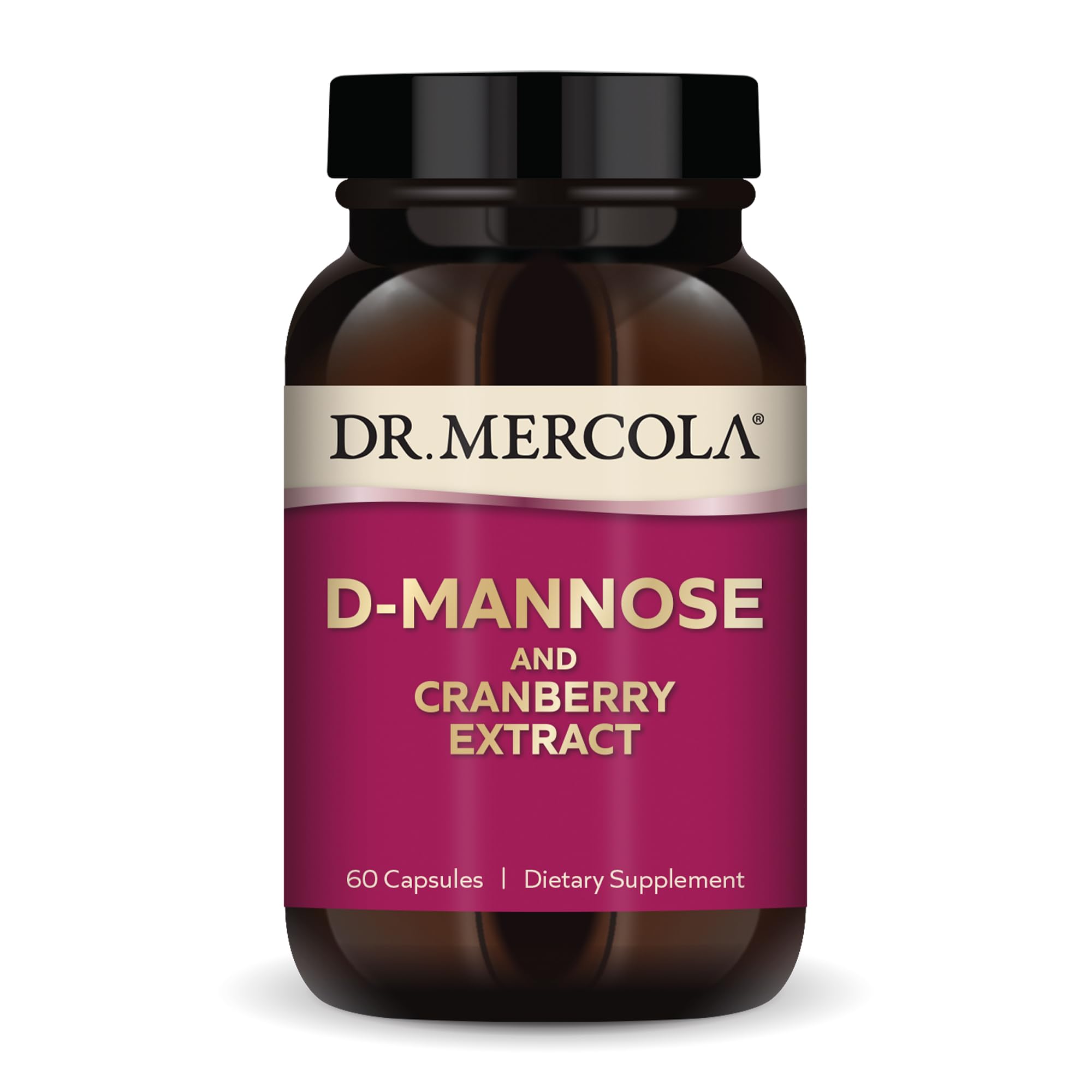 Dr. Mercola D-Mannose y Cranberry en botella para apoyo urinario diario.