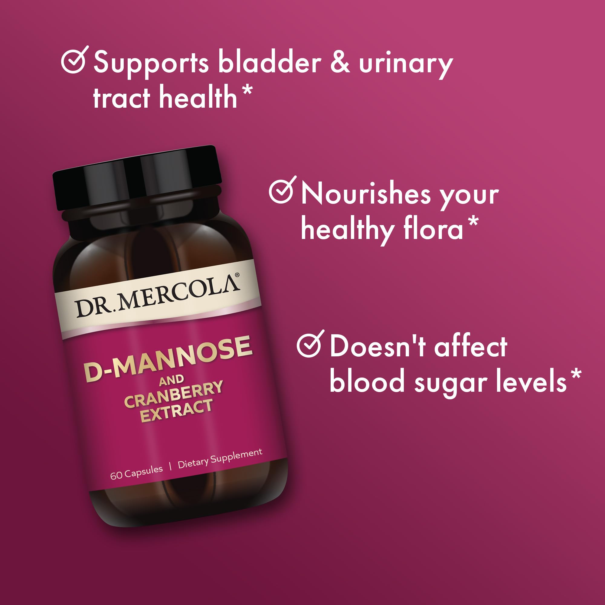 Presentación en caja Dr. Mercola D-Mannose Cranberry para almacenamiento seguro.
