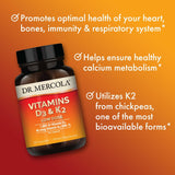 Cápsulas de Dr. Mercola D3 y K2 dosis baja para consumo diario.