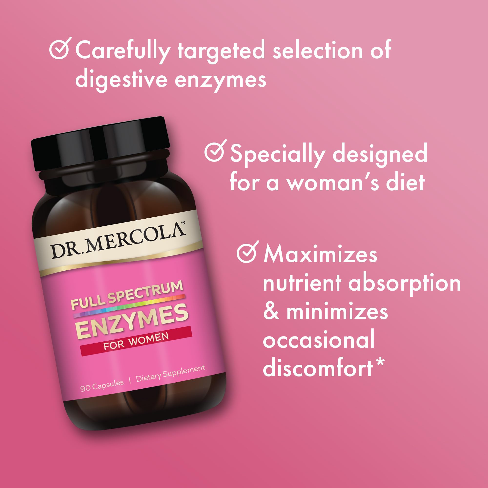 Dr. Mercola Enzimas para Mujeres: envase con 90 cápsulas para uso diario.
