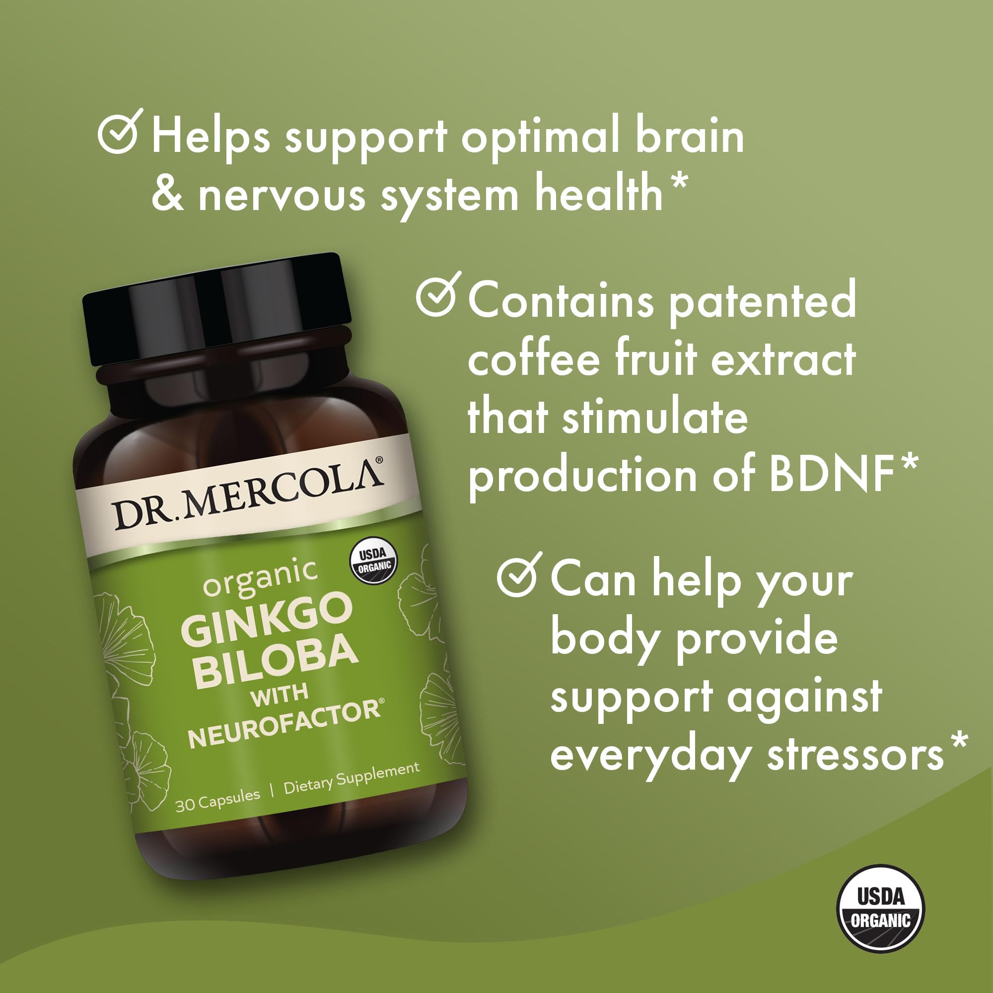 Dr. Mercola Extracto de hojas Ginkgo, orgánico para rendimiento cognitivo.