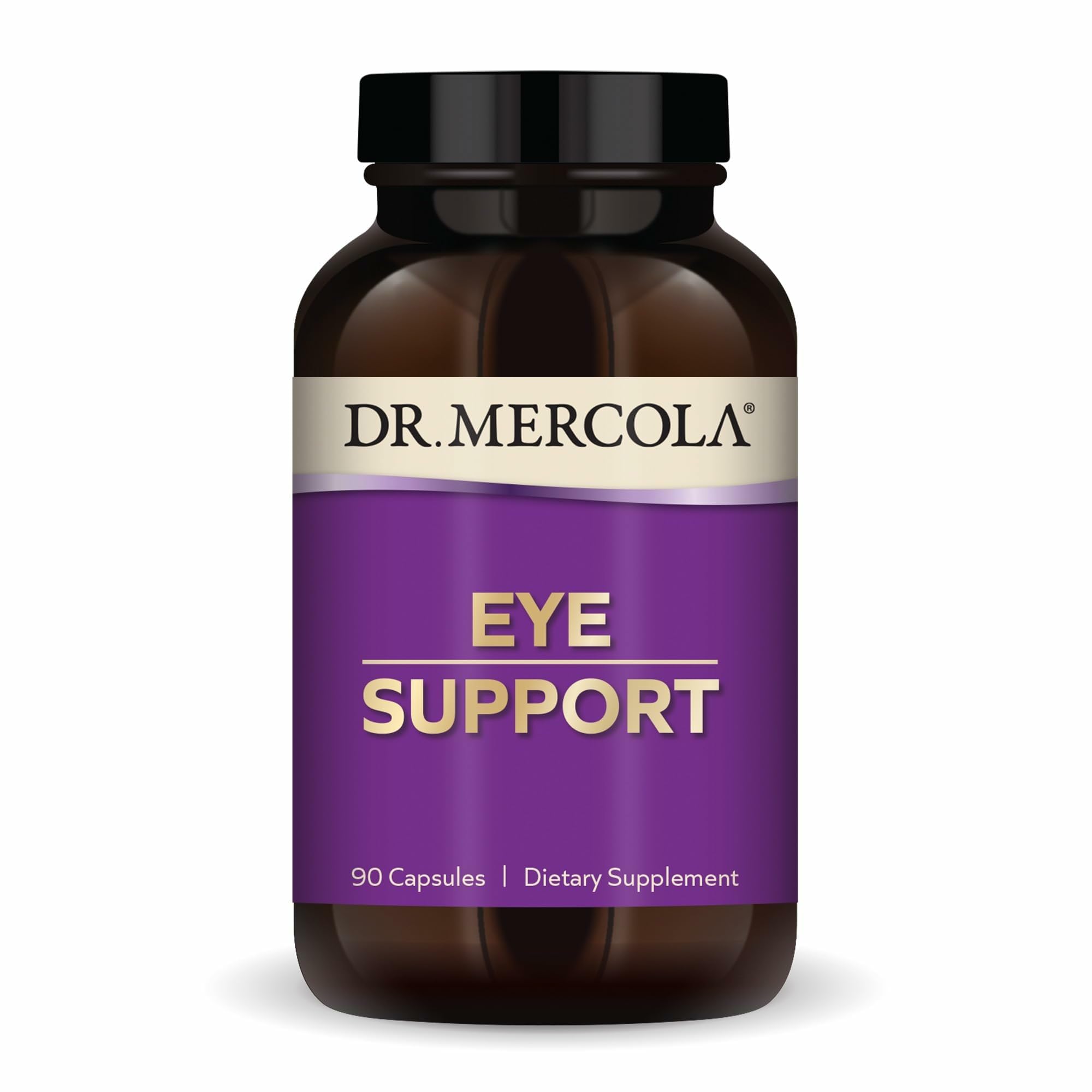 Dr. Mercola Eye Support, botella de cápsulas, apoyo diario a la salud visual.