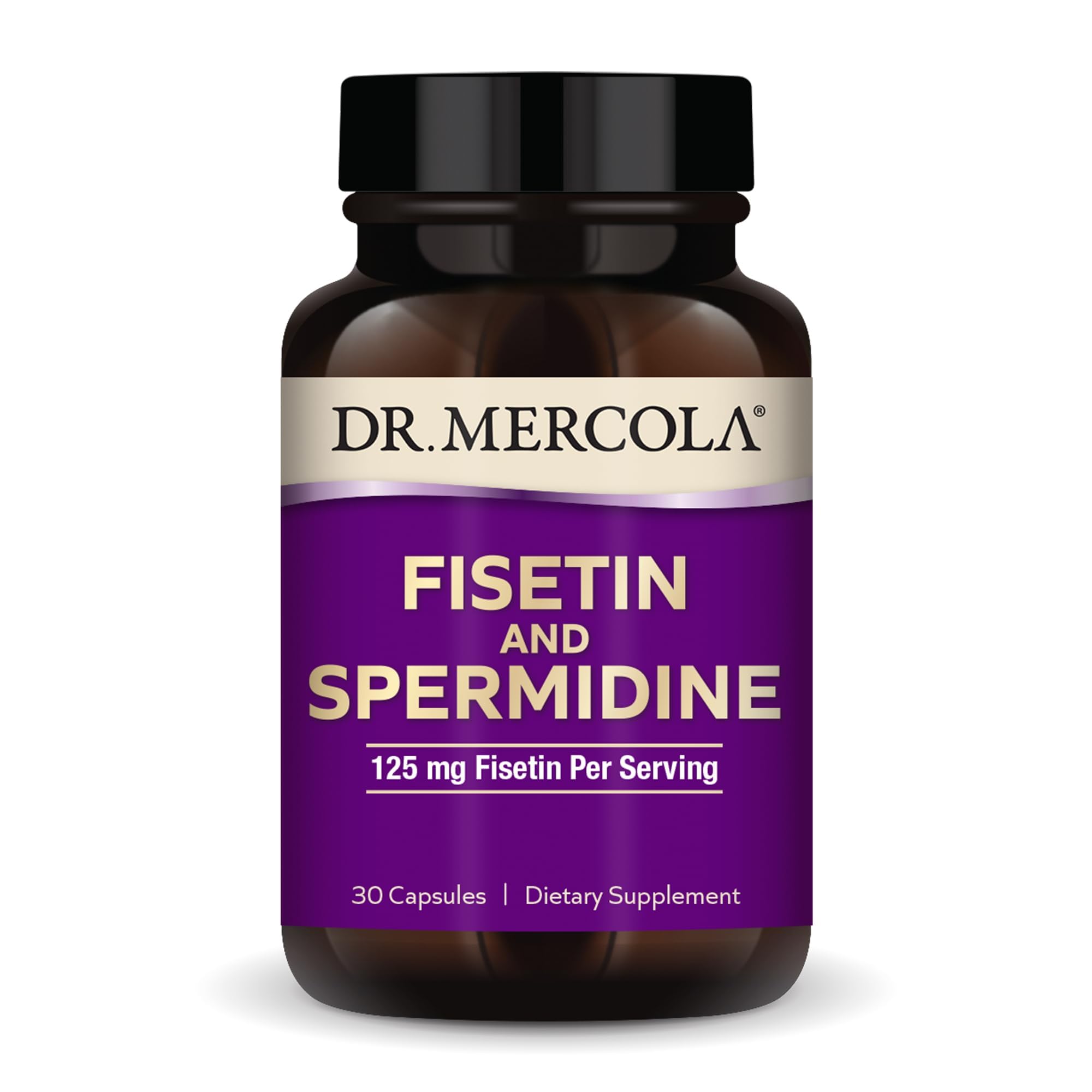 Dr. Mercola Fisetina y Spermidina: cápsulas en primer plano para apoyo potencial a la salud celular.