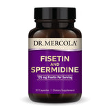 Dr. Mercola Fisetina y Spermidina: cápsulas en primer plano para apoyo potencial a la salud celular.