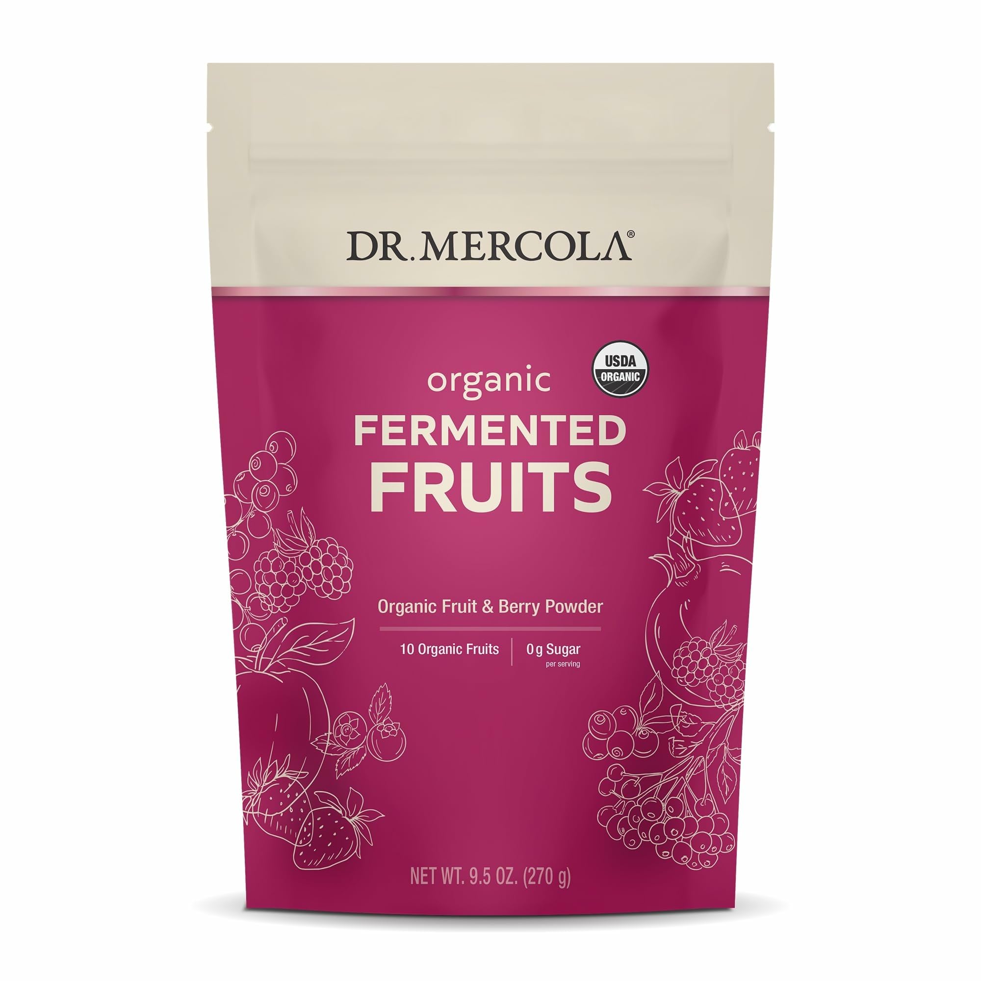 Dr. Mercola Frutas fermentadas orgánicas en frasco, apoyo digestivo y bienestar celular.