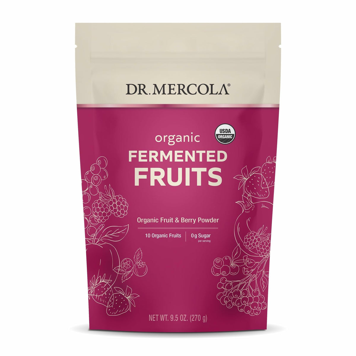 Dr. Mercola Frutas fermentadas orgánicas en frasco, apoyo digestivo y bienestar celular.