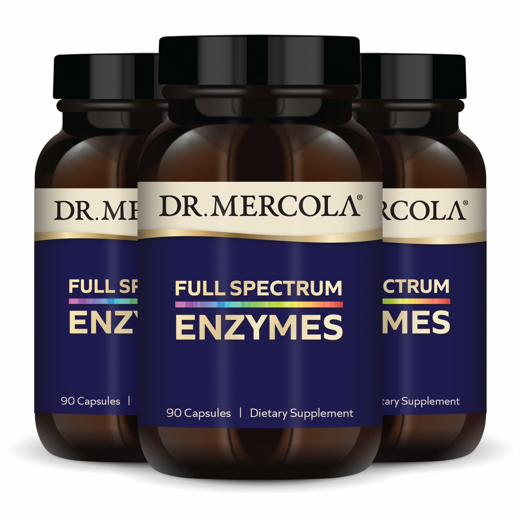 Dr. Mercola Full Spectrum Enzymes, botella de cápsulas para apoyar la digestión tras las comidas.