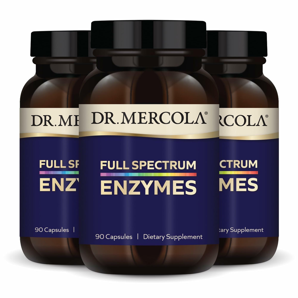 Dr. Mercola Full Spectrum Enzymes, botella de cápsulas para apoyar la digestión tras las comidas.