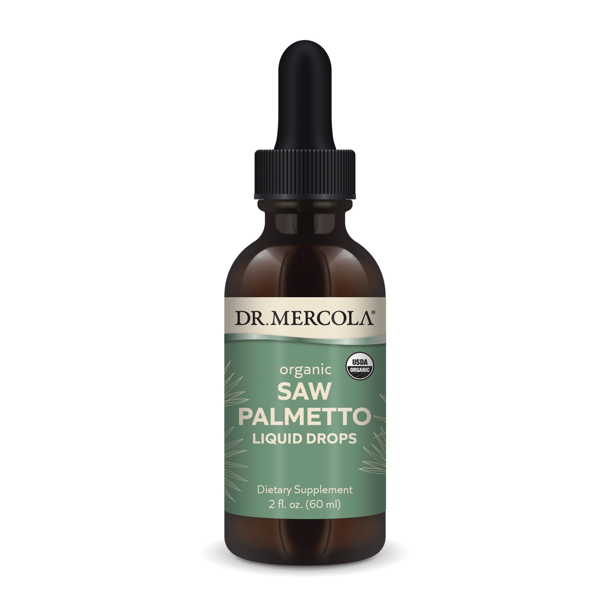 Dr. Mercola Gotas Saw Palmetto, botella visible, apoyo diario a la salud urinaria.