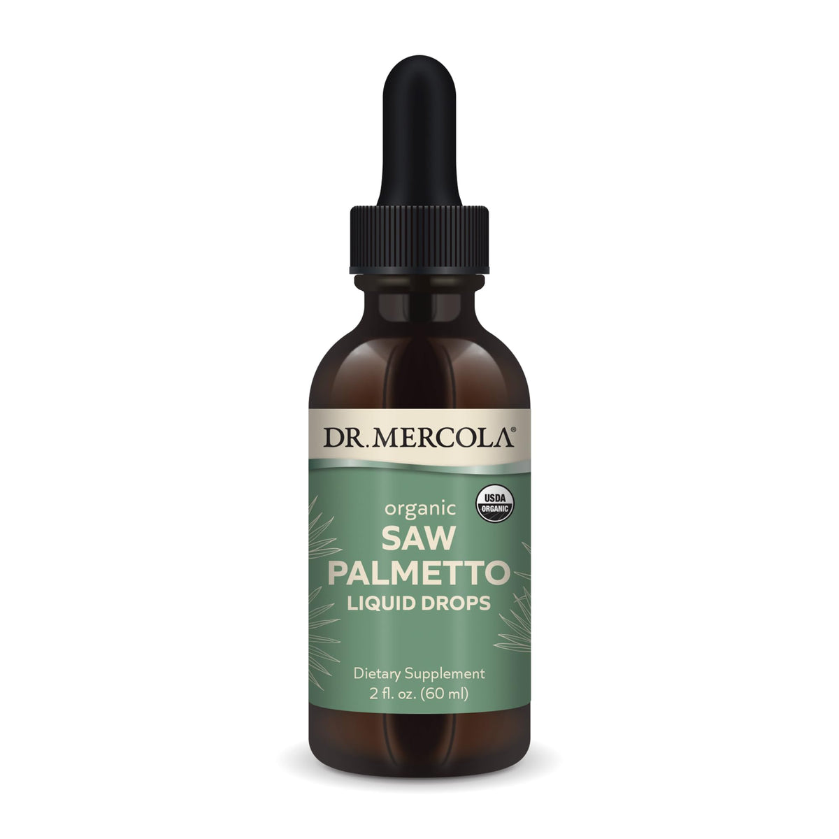 Dr. Mercola Gotas Saw Palmetto, botella visible, apoyo diario a la salud urinaria.