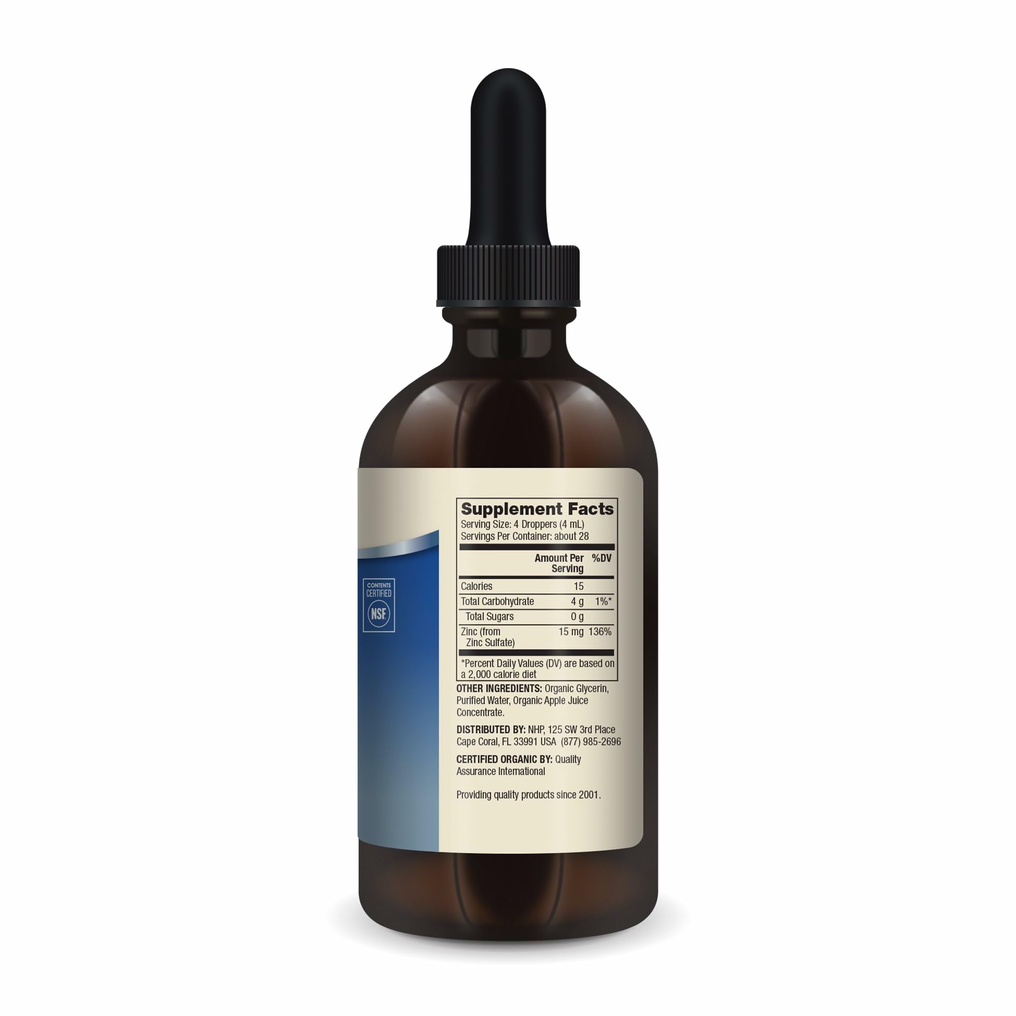 Dr. Mercola zinc líquido con sabor a manzana, ideal para uso diario.