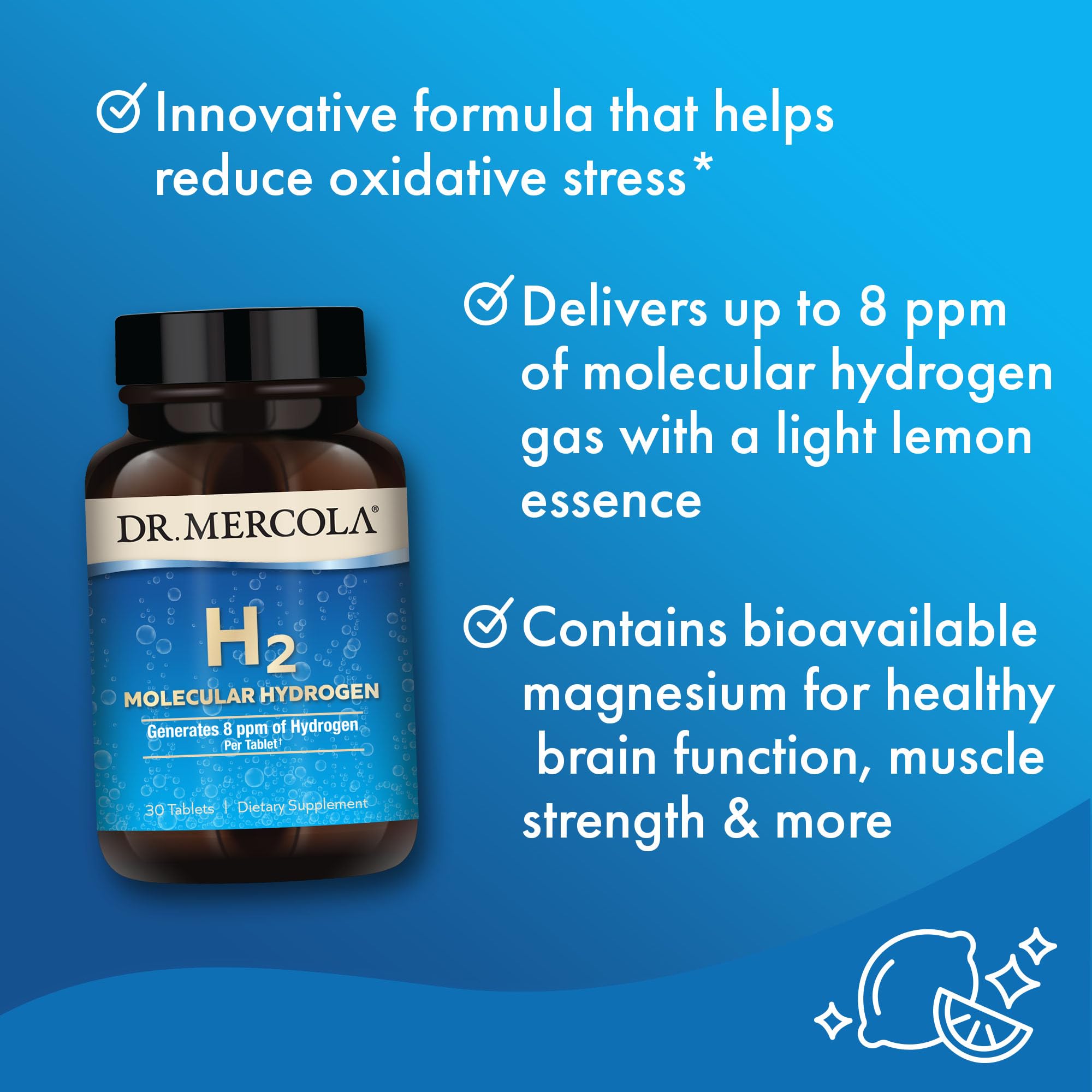 Vaso con agua y una tableta Dr. Mercola H2 para beber.
