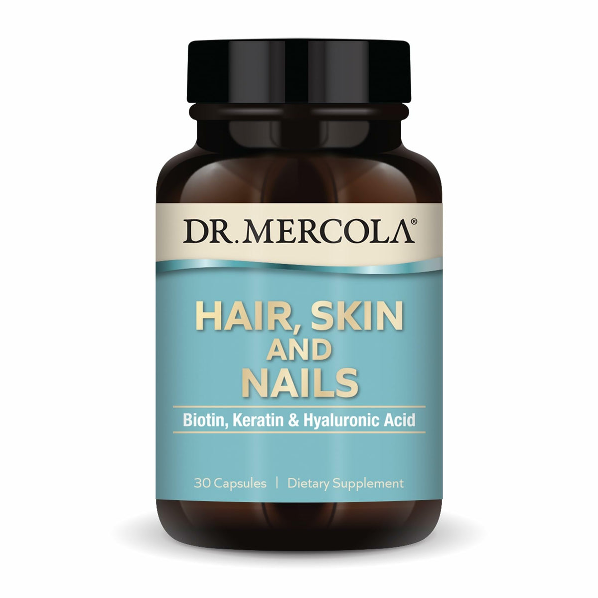 Dr. Mercola Hair, Skin and Nails: botella con cápsulas para consumo diario.