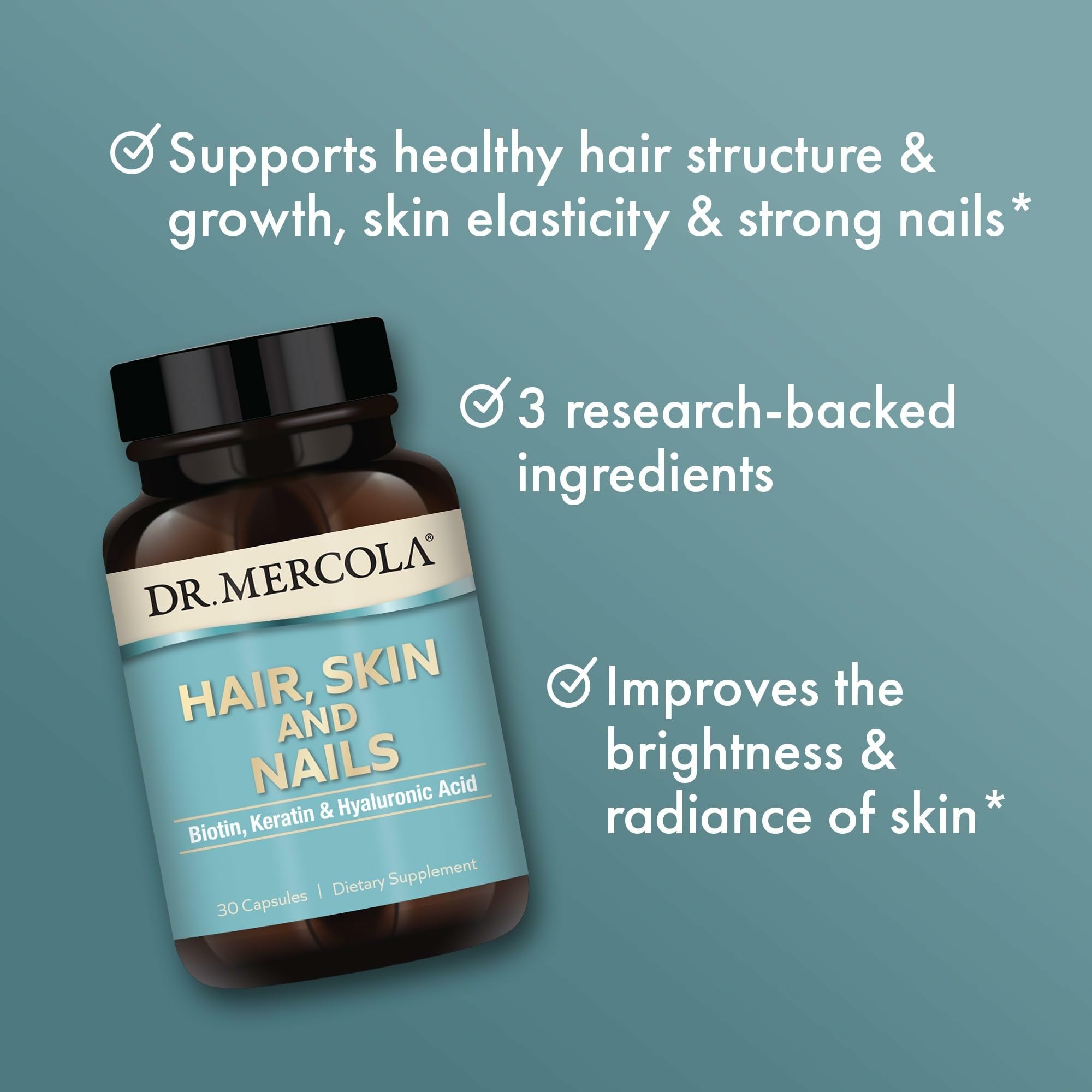 Dr. Mercola Hair, Skin and Nails: piel hidratada y elástica gracias a la fórmula.
