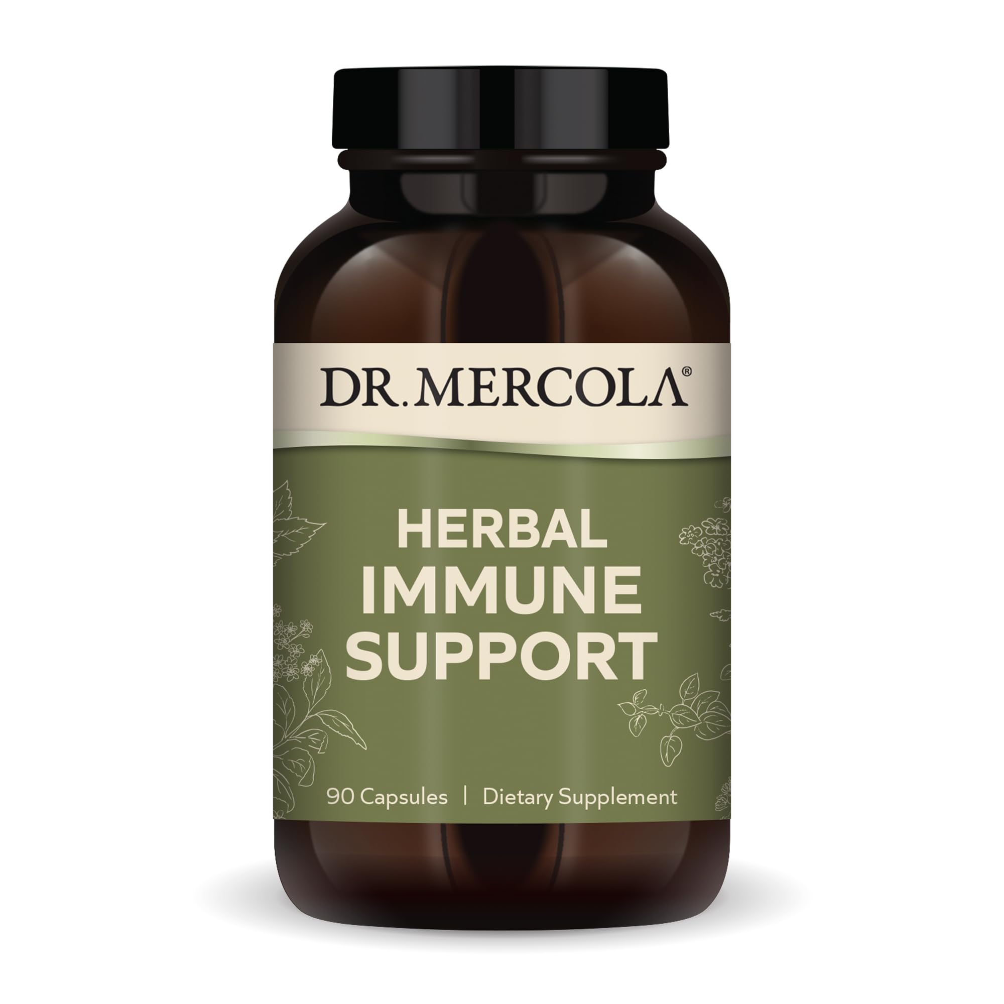 Dr. Mercola Herbal Immune Support: botella en escritorio, conveniente para uso diario.