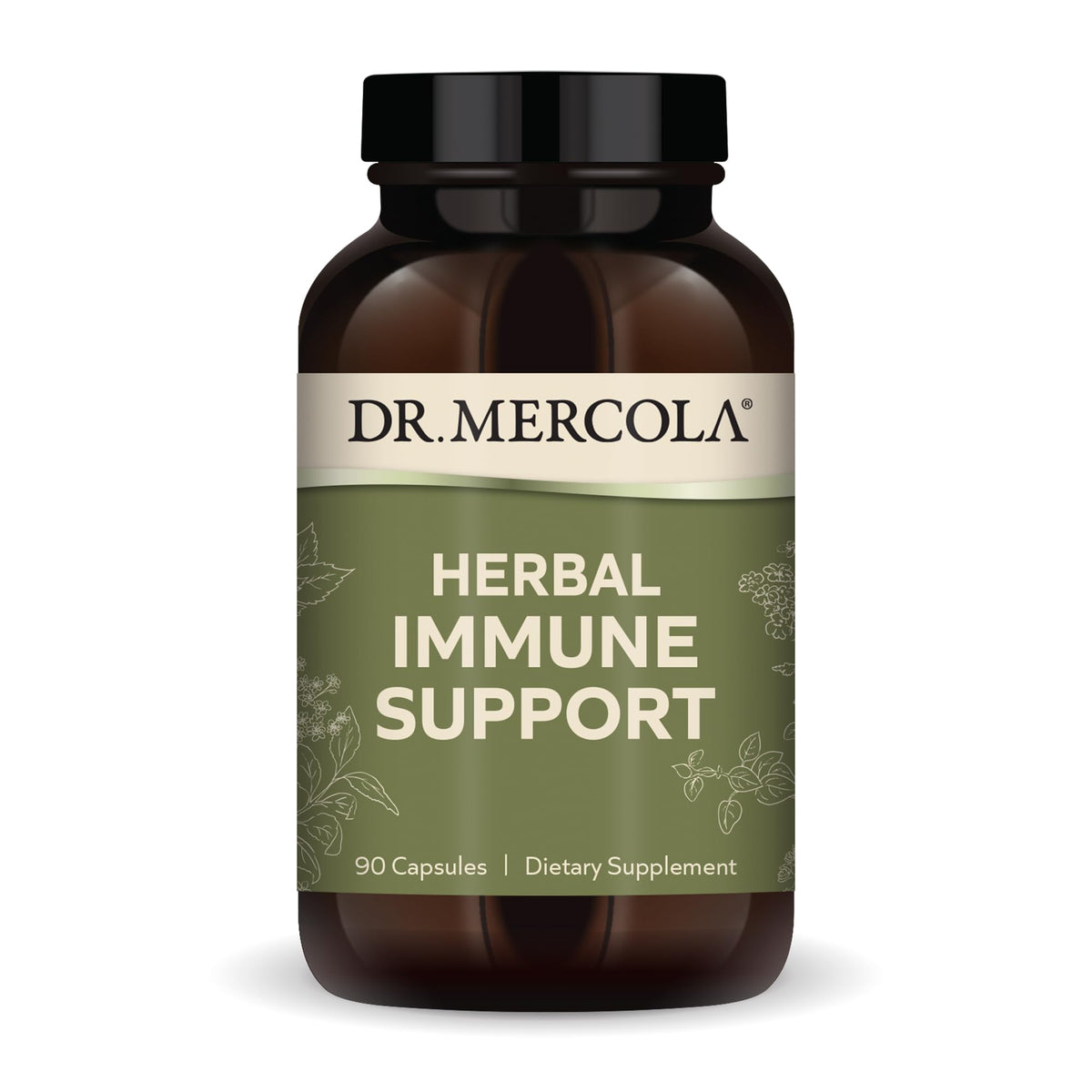 Dr. Mercola Herbal Immune Support: botella en escritorio, conveniente para uso diario.