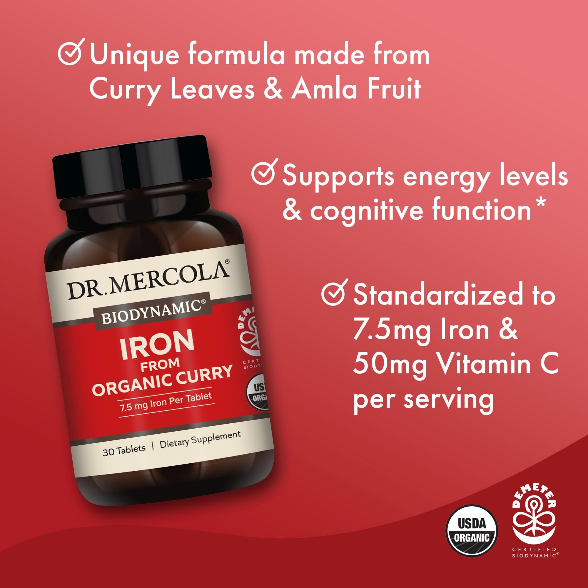 Dr. Mercola Hierro Curry Orgánico, etiqueta clara, dosis diaria.