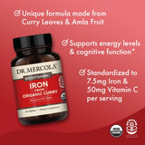 Dr. Mercola Hierro Curry Orgánico, etiqueta clara, dosis diaria.