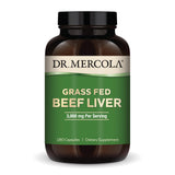 Dr. Mercola hígado de res alimentado con pasto, frasco frontal, fuente natural de nutrientes.