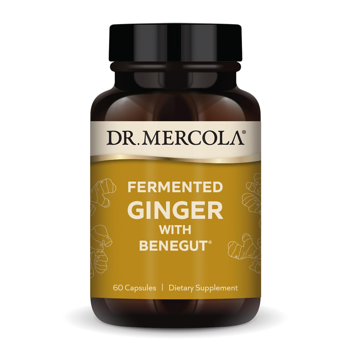 Dr. Mercola Jengibre Fermentado Benegut en botella, apoyo natural para la salud intestinal.