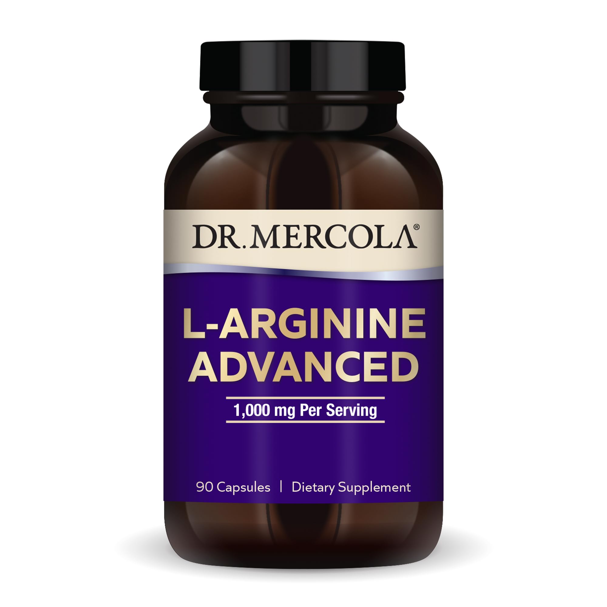 Dr. Mercola L-Arginina Avanzada en botella con cápsulas para energía diaria.