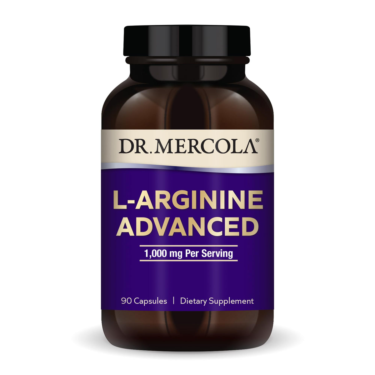 Dr. Mercola L-Arginina Avanzada en botella con cápsulas para energía diaria.