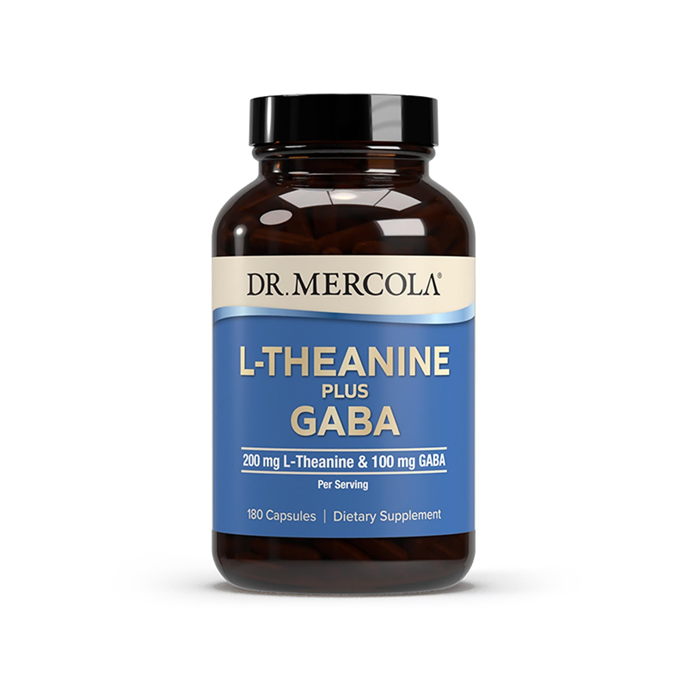 Dr Mercola L-Theanine Plus GABA, botella de cápsulas para relajación diaria