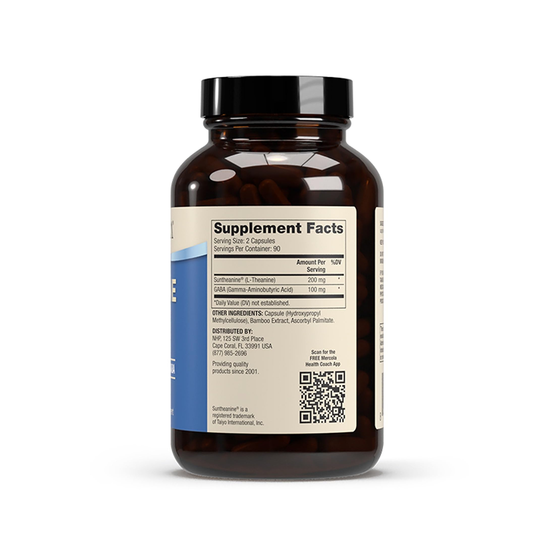 Dr Mercola L-Theanine Plus GABA, cápsulas en primer plano para concentración sin cafeína