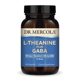 Botella de Dr. Mercola L-Theanine GABA para relajación suave.