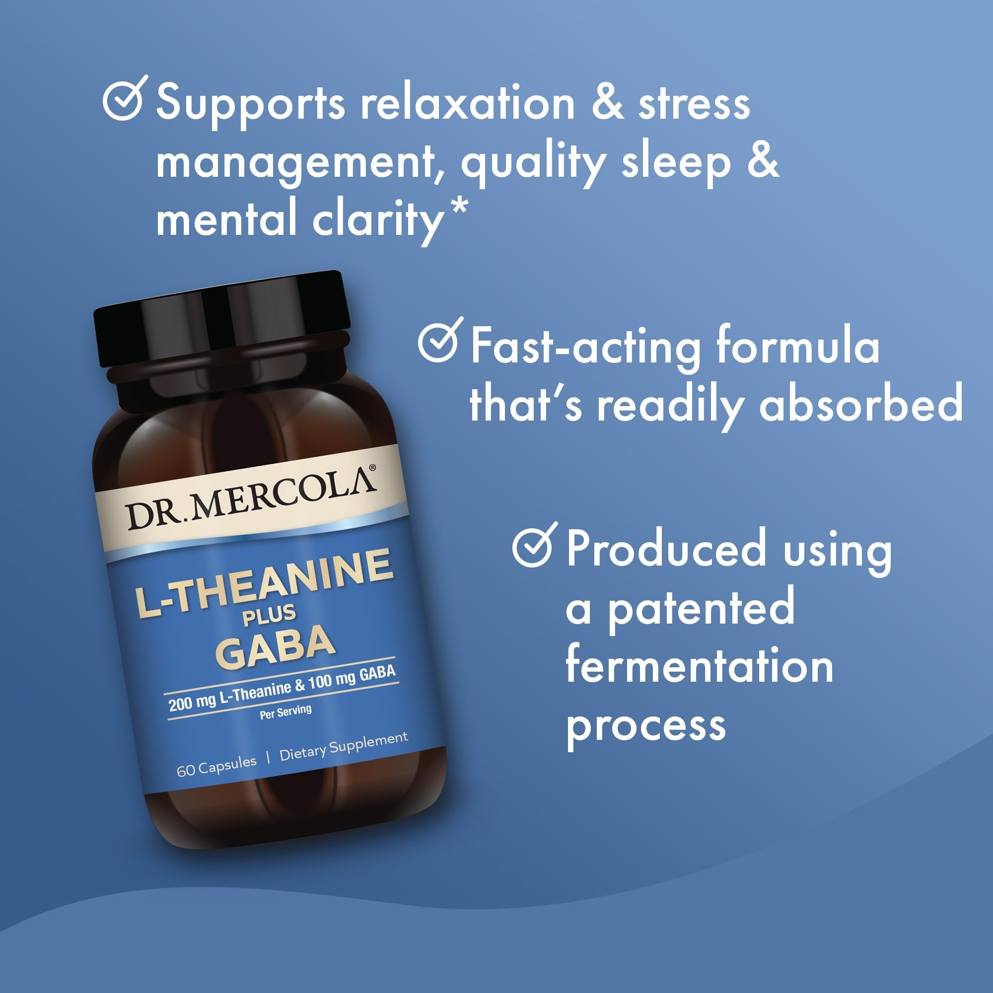 Etiqueta informativa de Dr. Mercola L-Theanine GABA con calidad.