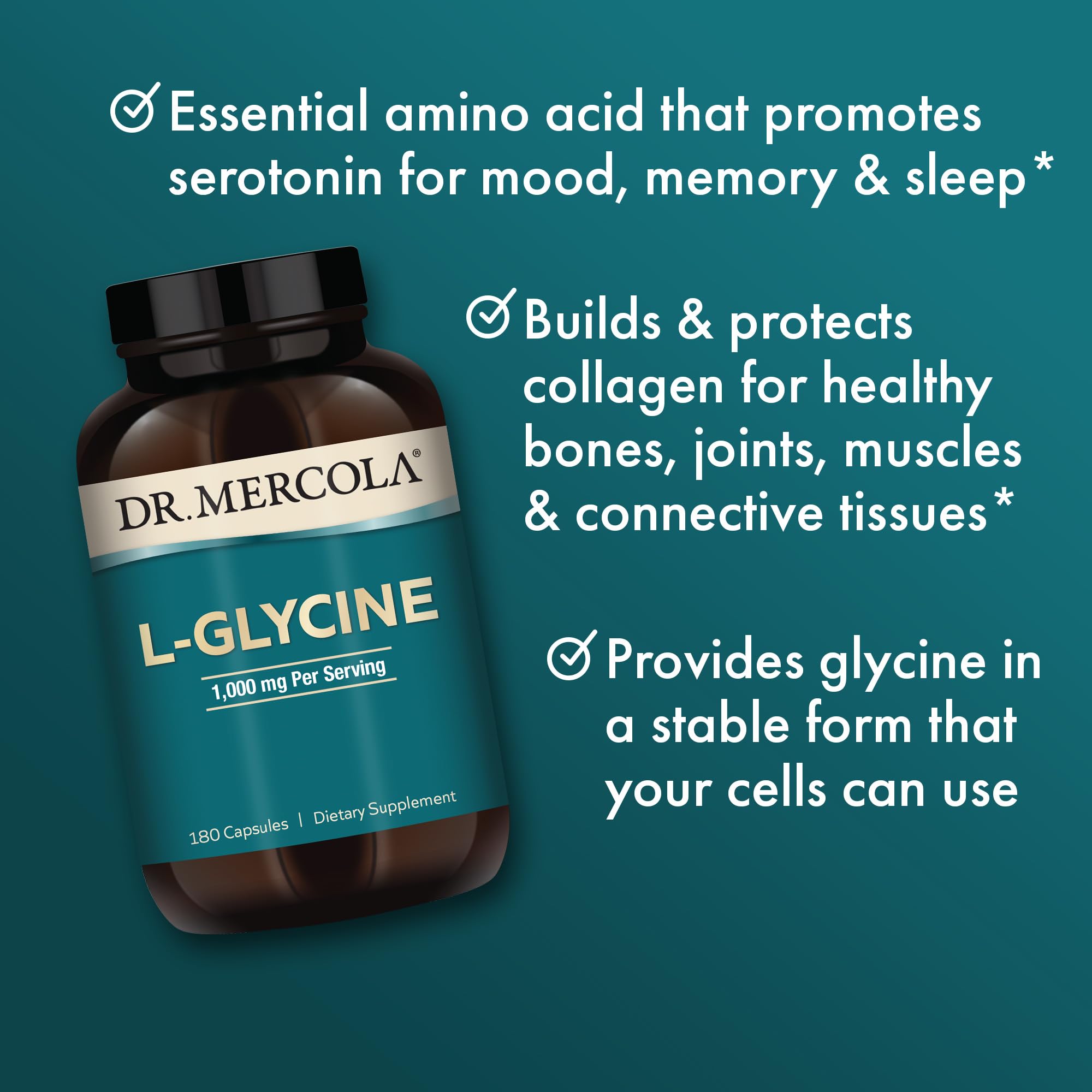Cápsulas Dr. Mercola L-Glycine en mano para digestión suave