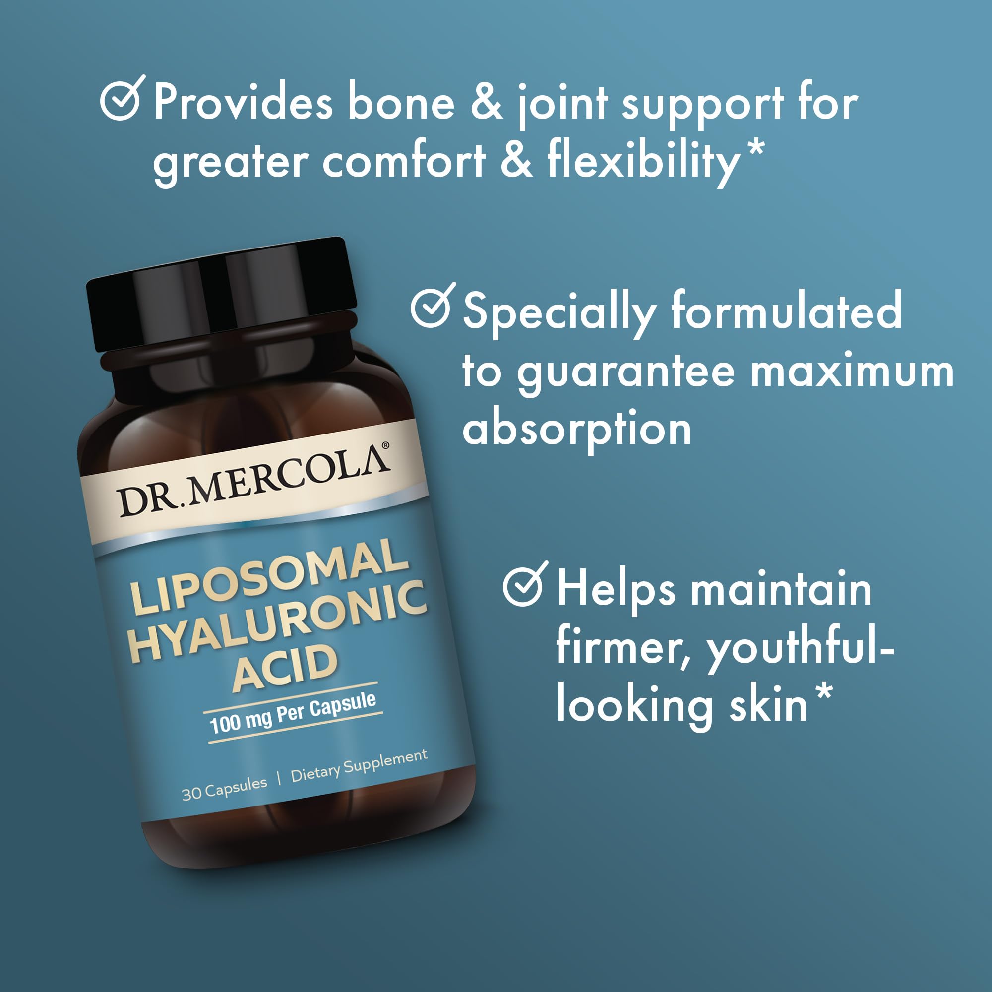Dr. Mercola Liposomal Ácido Hialurónico fórmula libre de organismos modificados genéticamente, gluten y soja.