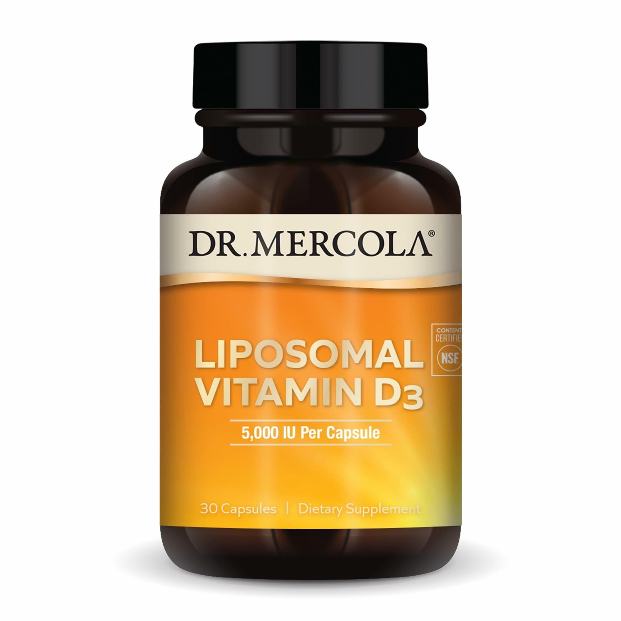 Frasco de Dr Mercola Liposomal Vitamina D3 con 30 capsulas para apoyo diario.