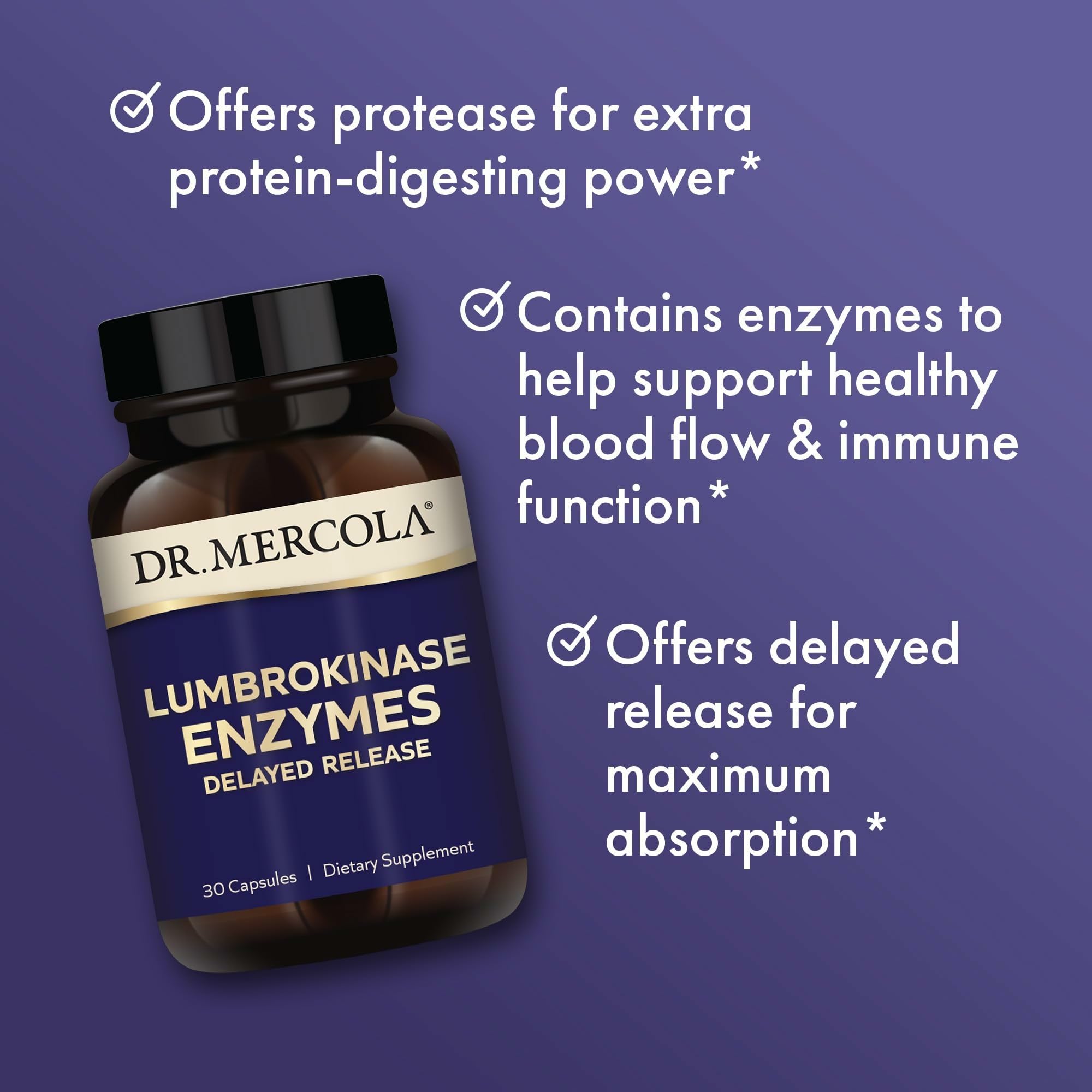 Dr. Mercola Lumbrokinase, caja exterior; perfil No-OGM para tranquilidad diaria.