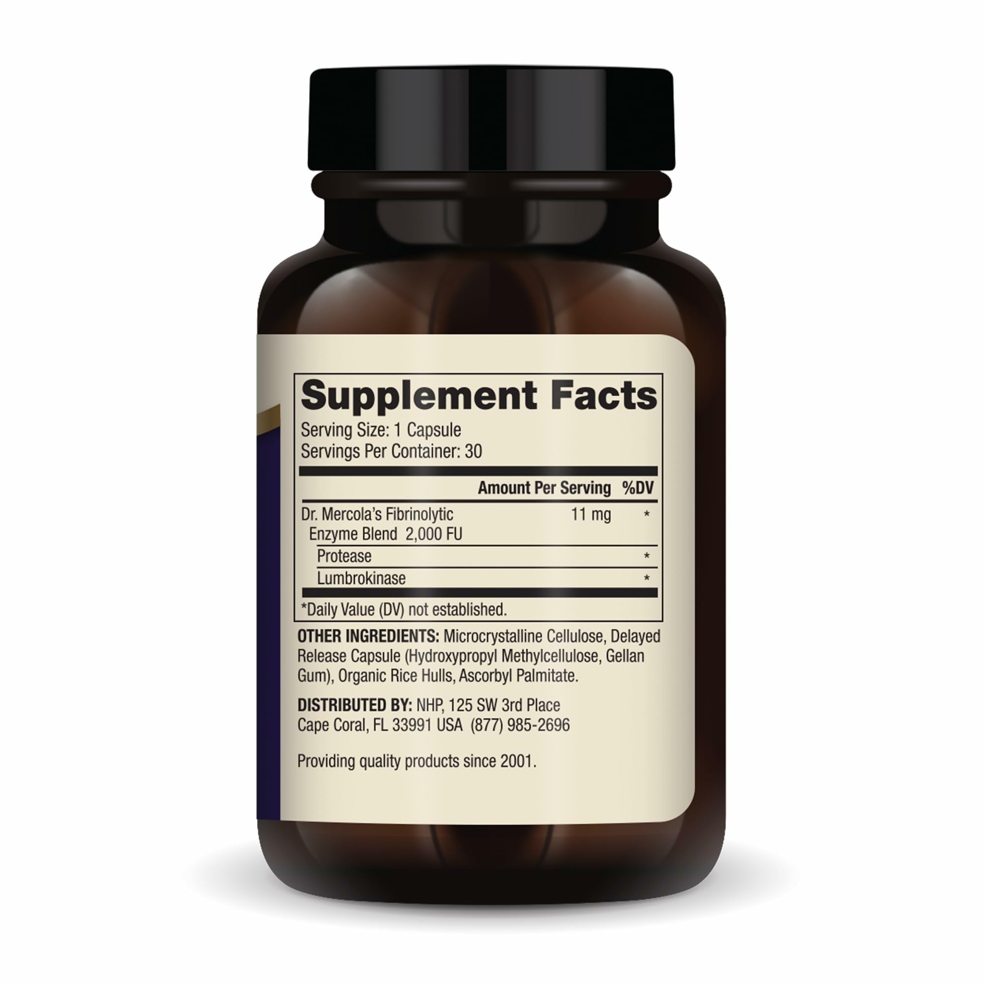 Dr. Mercola Lumbrokinase, envase; fórmula de liberación retardada para absorción intestinal.