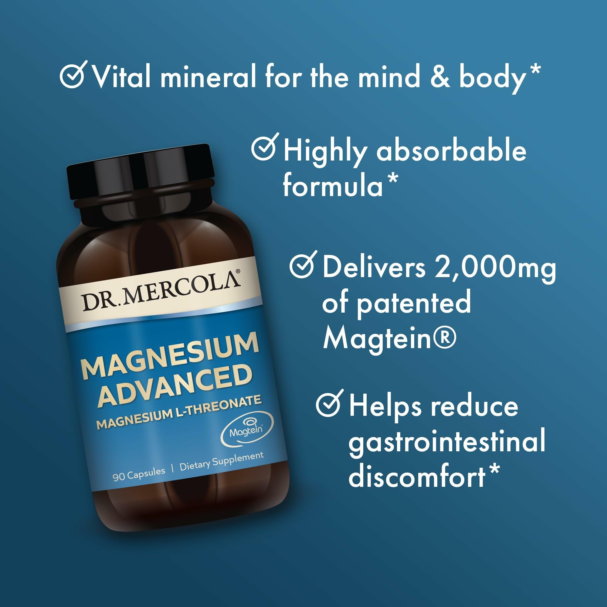 Magtein L-Threonate de Dr. Mercola Magnesium Advanced para mayor biodisponibilidad.