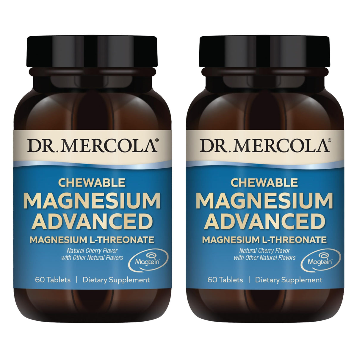 Dr. Mercola Magnesio Masticable Avanzado en caja, sabor cereza, fácil de incorporar.