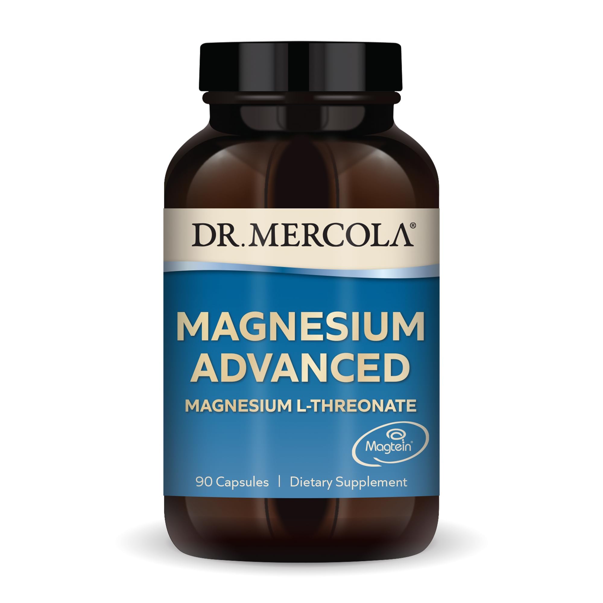 Dr. Mercola Magnesium Advanced: botella con cápsulas para apoyar huesos y cerebro.